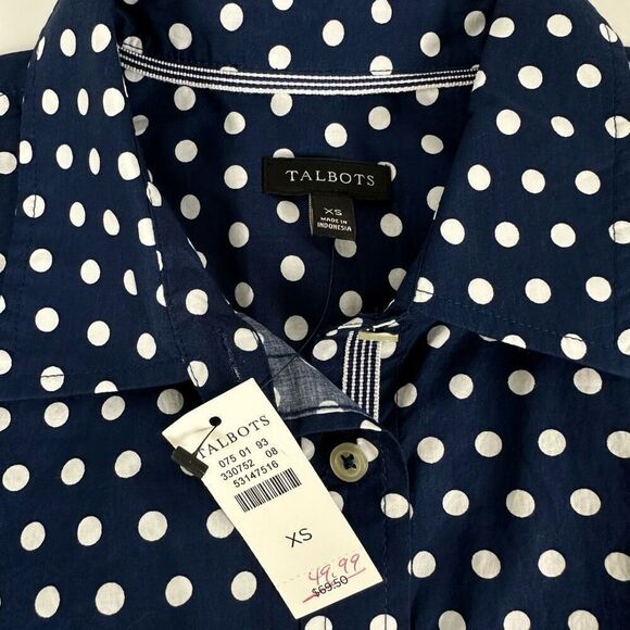 Talbots Womens Navy White Polka Dot button down shirt XS NEW - Picture 5 of 8